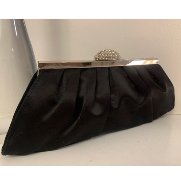 Black satin evening clutch with optional shoulder strap attachment